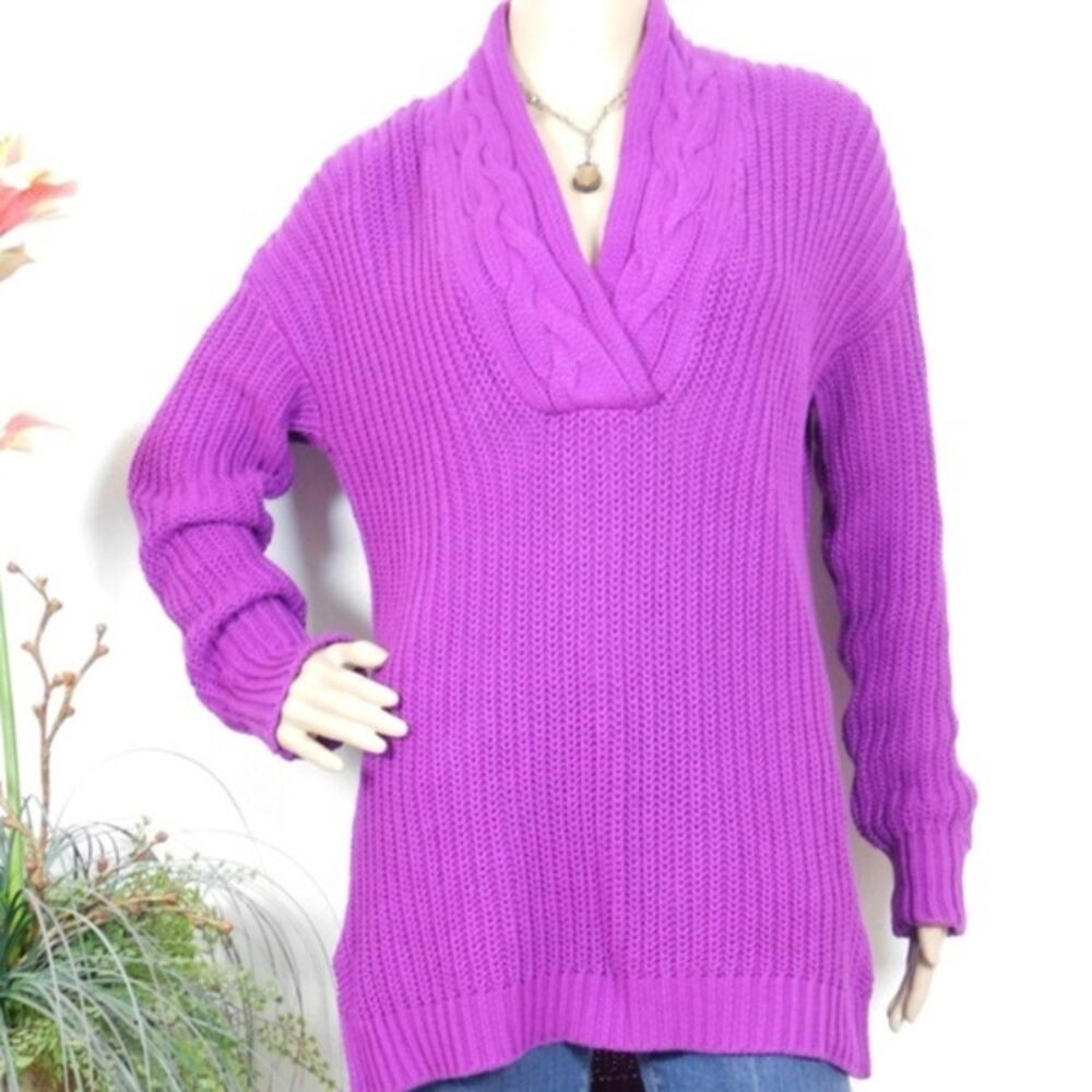 Ralph Lauren LRL Shawl Collar Cable Knit Sweater Size S Plum Pullover Preppy New